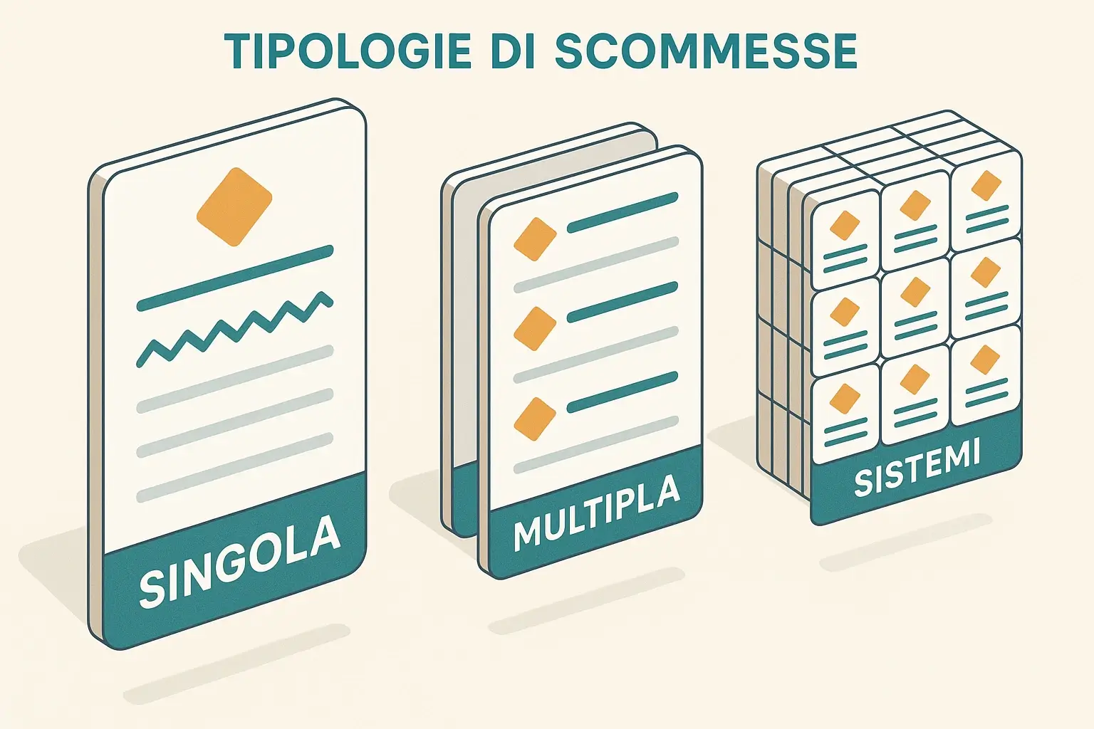 Illustrazione dei diversi tipi di scommesse sportive: singole, multiple e sistemi